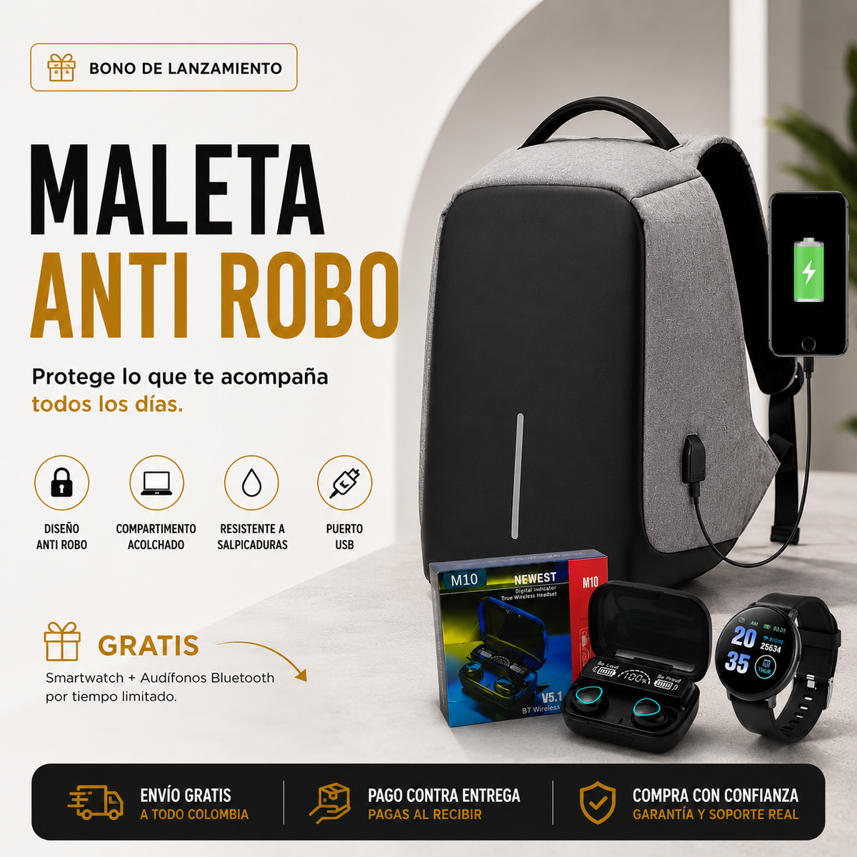Maleta Antirrobo con Puerto USB | Impermeable para Portátil