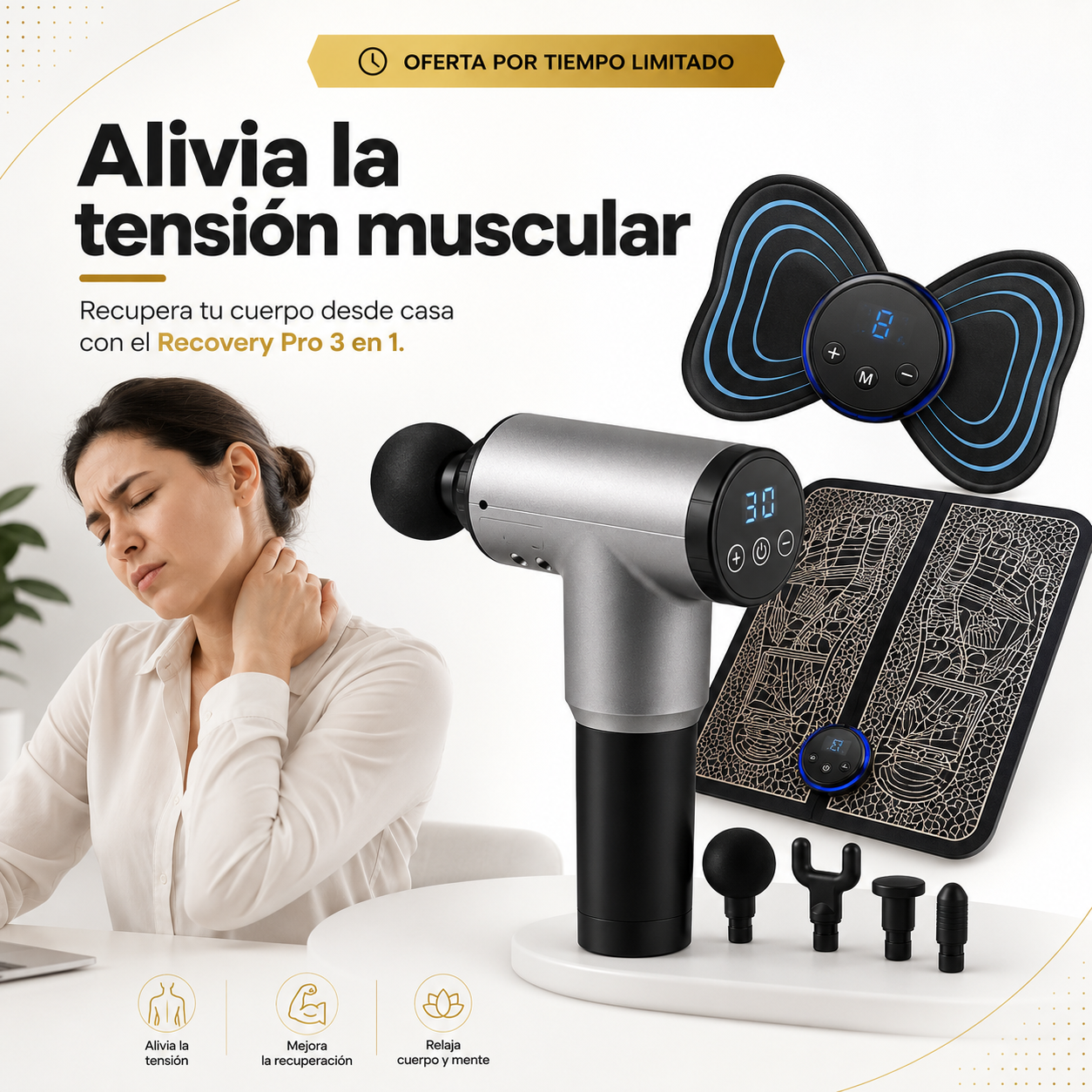 Kit Profesional de Recuperación Muscular 3 en 1 | Pistola Masajeadora + Masajeador EMS + Tapete Electrodos